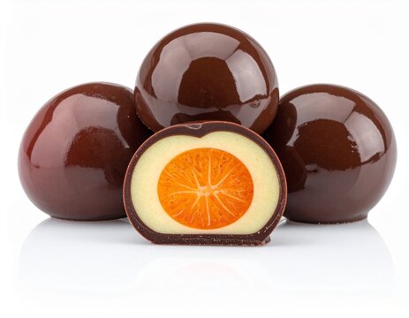 Miniature marzipan fruits dipped in dark chocolate isolated on white.