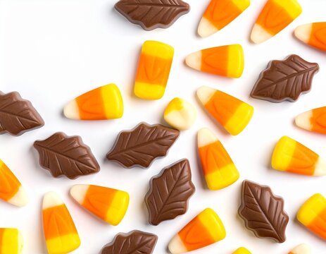 Seasonal candy corn and autumn leaf shaped milk chocolates isolated on white.