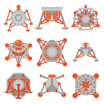 Collection of nine stylized lunar lander spacecraft illustrations, viewed from different angles, featuring orange and grey geometric elements and pixelated design, representing space exploration and