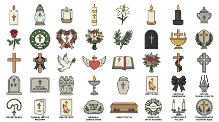Obraz premium Funeral and memorial service icons set, 40 religious cemetery and burial symbols, christian mourning and bereavement vector illustrations