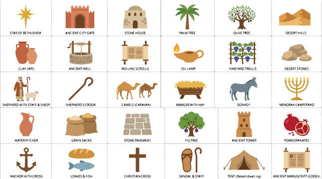 Ancient biblical icons set, 30 religious flat vector elements, historical middle eastern symbols for christian education and storytelling