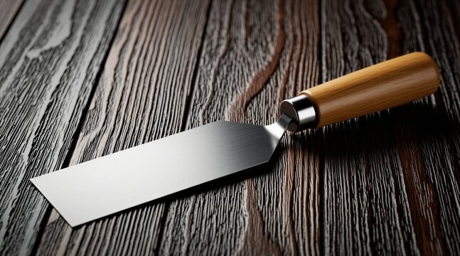 Single putty knife with wood handle rests on dark textured wood surface. Metal blade is clean and shiny, ready for use in construction or art.