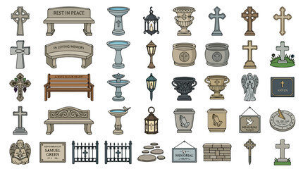 Obraz premium Cemetery memorial icons set, 40 funeral and graveyard elements, stone headstones and memorial benches, religious crosses and burial monuments