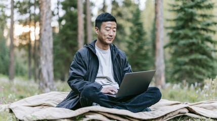 Fototapeta premium Young East Asian man using laptop while sitting cross-legged on picnic blanket in forest