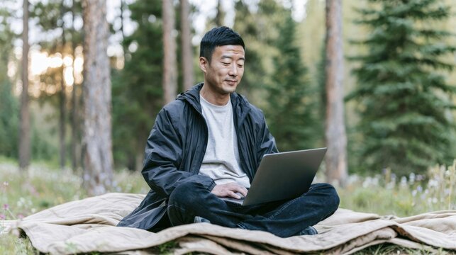 Young East Asian man using laptop while sitting cross-legged on picnic blanket in forest