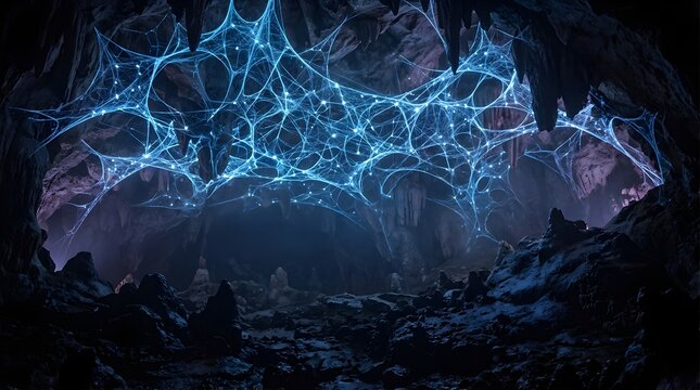Glowing blue digital spider web network inside a dark underground cave