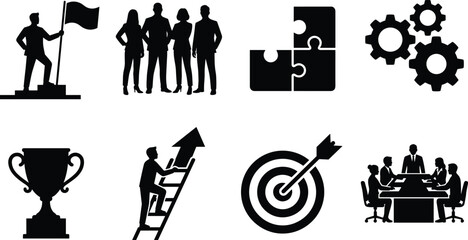 Obraz premium Business Success and Leadership Black Silhouette Icon Set for Corporate Growth and Teamwork