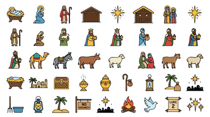 Obraz premium Christmas Nativity scene icons set, religious Bethlehem birth of Jesus vector elements, holy night Christian story illustrations for church holiday design
