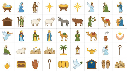 Obraz premium Nativity scene icons set, religious Christmas story vector elements, 45 biblical character illustrations including baby Jesus and three wise men