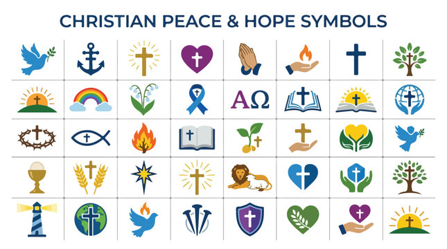 Christian Peace and Hope Symbols, set of 40 religious icons for church and faith. Spiritual cross and dove vector collection. Biblical hope and peace graphics.