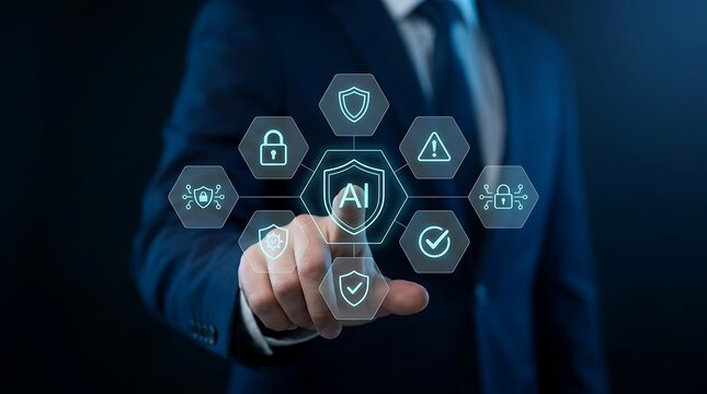 Ai powered cybersecurity a business professional interacting with a network of security icons