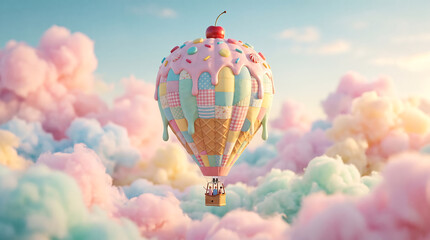 Obraz premium Whimsical Hot Air Balloon Inspired by Sweet Pastel Confectionery Floating Above Soft Dreamy Cotton Candy Clouds at Sunset