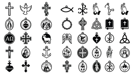 Obraz premium Christian religious symbols and catholic jewelry charms vector set, black line icons of crosses and saints, 35 spiritual faith elements for jewelry design