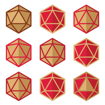 Set of nine isolated 20-sided dice icons, alternating brown and red on a white background, perfect for board game design or fantasy elements