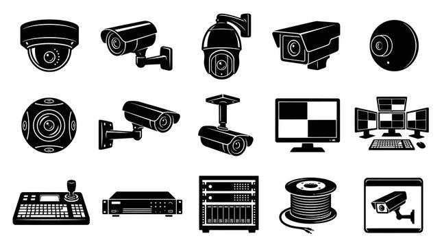Black and White Icons of Security Cameras and Surveillance Equipment