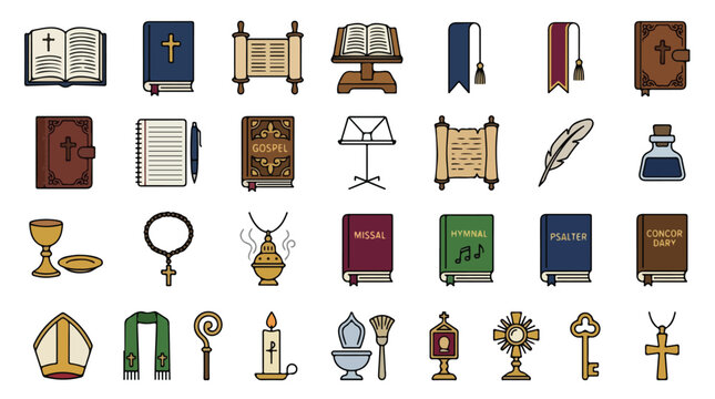 Religious Christian icons set, 28 church liturgy and bible vector elements, holy scripture books and catholic ritual objects for spiritual design