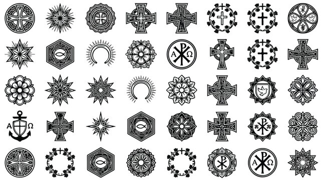 Religious Christian symbols and icons set, 40 black vector elements including Celtic crosses and Chi Rho monograms, sacred geometric church ornaments