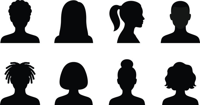 Human Head Silhouette Vector Collection Featuring Diverse Hairstyles and Profiles