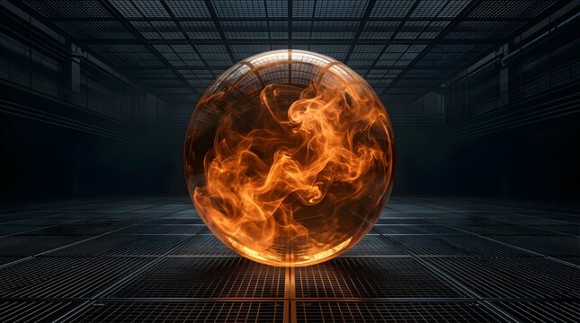 Glowing fire orb floating inside a dark industrial metal warehouse room