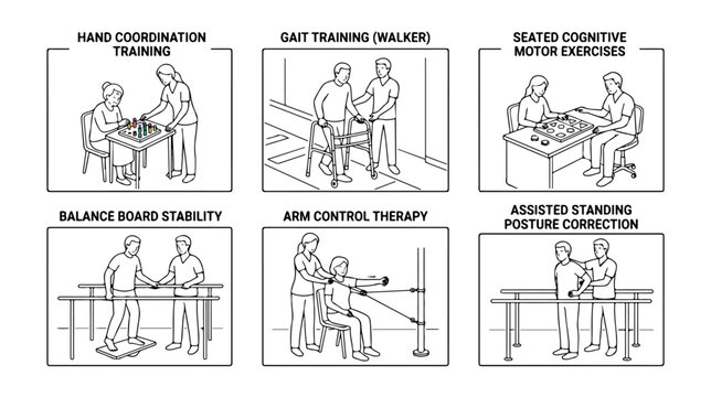 Physical therapy rehabilitation exercises set, medical gait training and cognitive motor recovery icons, senior patient physiotherapy vector