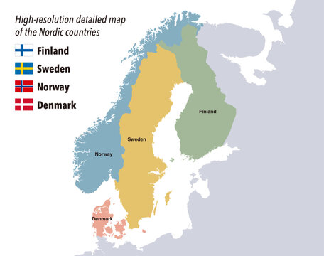 High-resolution detailed map of the Nordic countries
