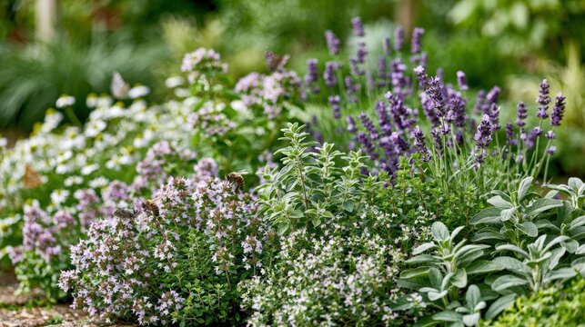 Vibrant herb garden featuring flowering thyme, oregano, lavender, sage, and chamomile with pollinators