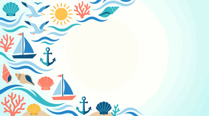 Fototapeta premium A vibrant summer beach-themed background with sailboats, anchors, seashells, coral, seagulls, and sun, creating a decorative border.