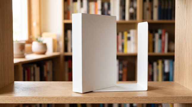A clean white book and matching bookend neatly organized on a light wooden shelf with a blurred background of many books.