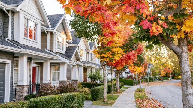 Suburban street with colorful autumn trees and detached family homes in peaceful neighborhood setting