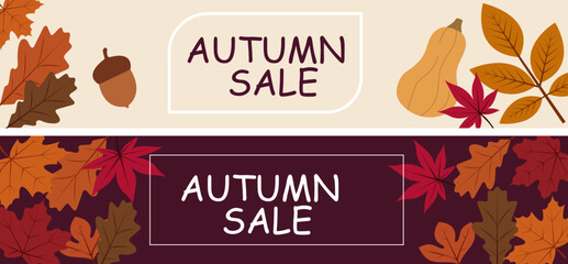 Autumn sale banner design set with horizontal layout featuring colorful falling leaves foliage pumpkin and acorn elements for seasonal discount promotion web headers © JahiPix