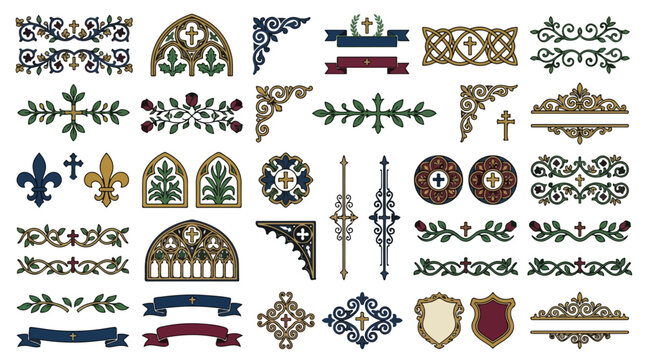 Gothic vintage decorative elements set, medieval religious ornaments and christian symbols vector, antique cathedral style borders and frames
