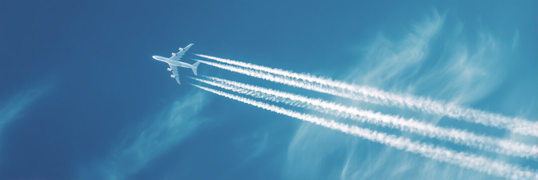 Airplane Flying Through Blue Sky with Contrails and Clouds
