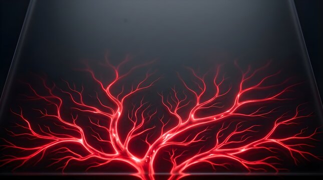 Glowing red veins pattern resembling a tree structure on dark background