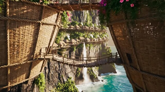 Tropical fantasy village featuring thatched-roof huts built inside giant woven baskets suspended by ropes from high seaside cliffs with a waterfall and wooden suspension bridges.
