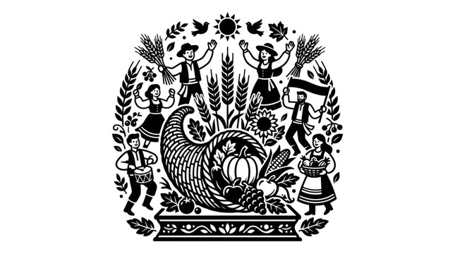 Harvest Festival Celebration with Cornucopia and Dancing People