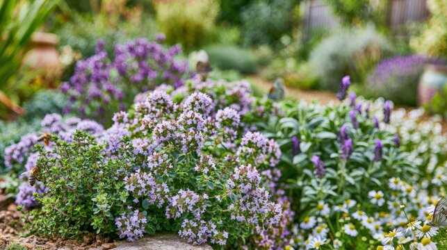 Vibrant herb garden featuring flowering thyme, oregano, lavender, and chamomile with bees and butterflies