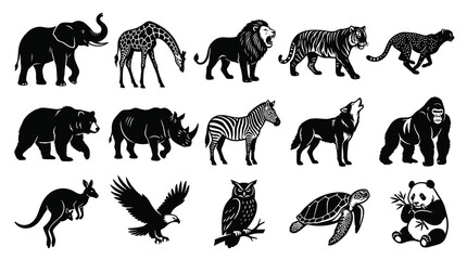 Obraz premium Diverse Wildlife Animal Black and White Silhouette Vector Icon Set - Nature Zoo Glyphs Collection
