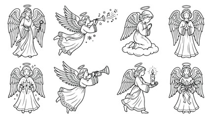 Obraz premium Vintage Christmas angel vector set, hand drawn celestial cherubs with wings and trumpets, 8 black and white line art illustrations for holiday cards