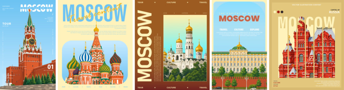 Collection of modern Moscow travel vector posters of iconic Russian landmarks, historic architecture and editorial layouts. Perfect for tourism, destination marketing, travel guides and wall art