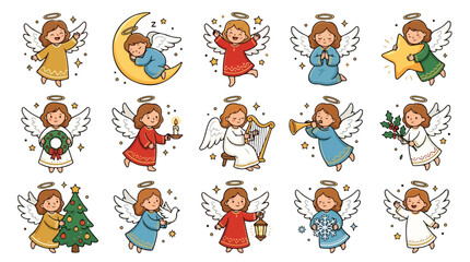 Obraz premium Cute Christmas angels collection, 15 hand drawn cartoon angel characters with wings and halos, festive holiday vector set for greeting cards