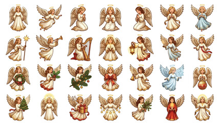 Obraz premium Vintage Christmas angel vector collection, set of 28 celestial cherub characters with wings and halos, traditional holiday religious illustrations
