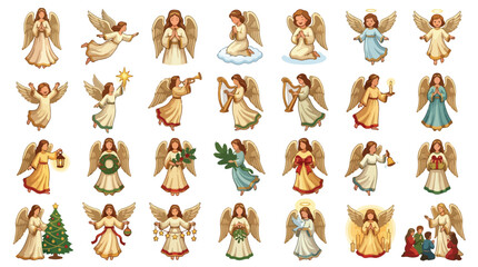 Obraz premium Vintage Christmas angel vector set, 28 religious cherub illustrations with wings, traditional holiday celestial characters for greeting cards