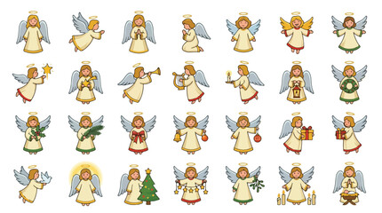 Obraz premium Christmas angel vector set, collection of 28 cute cartoon angels with wings and halos, festive holiday characters for religious greeting cards