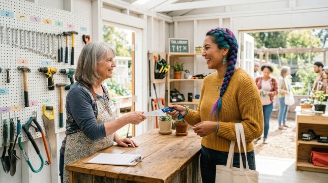 Customer returns a saw to a smiling employee at a community tool library