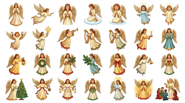 Vintage Christmas angel vector set, 28 religious cherub illustrations with wings, traditional holiday celestial characters for greeting cards