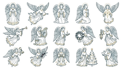 Obraz premium Vintage Christmas angel vector set, 15 hand drawn celestial cherub illustrations with wings, classical religious holiday angels for greeting cards