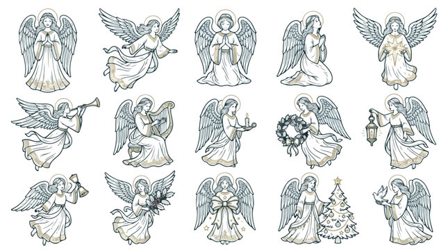 Vintage Christmas angel vector set, 15 hand drawn celestial cherub illustrations with wings, classical religious holiday angels for greeting cards