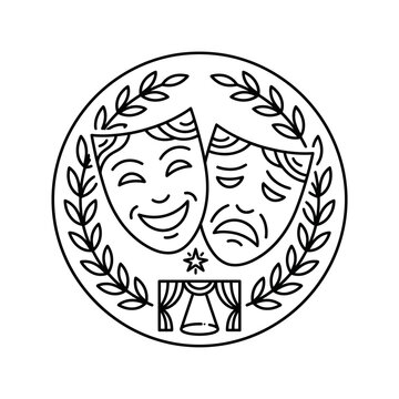 Drama comedy and tragedy masks inside laurel wreath icon