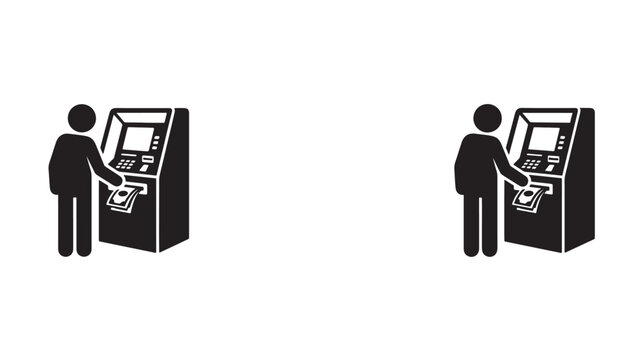 Black silhouette icons of people using automated teller machines to withdraw cash on white background