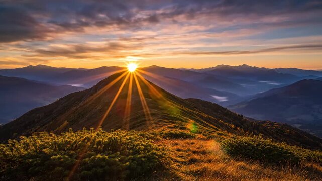 A breathtaking time-lapse of a brilliant golden sunset dipping directly behind a mountain peak, casting long sunbeams over rolling green ridges